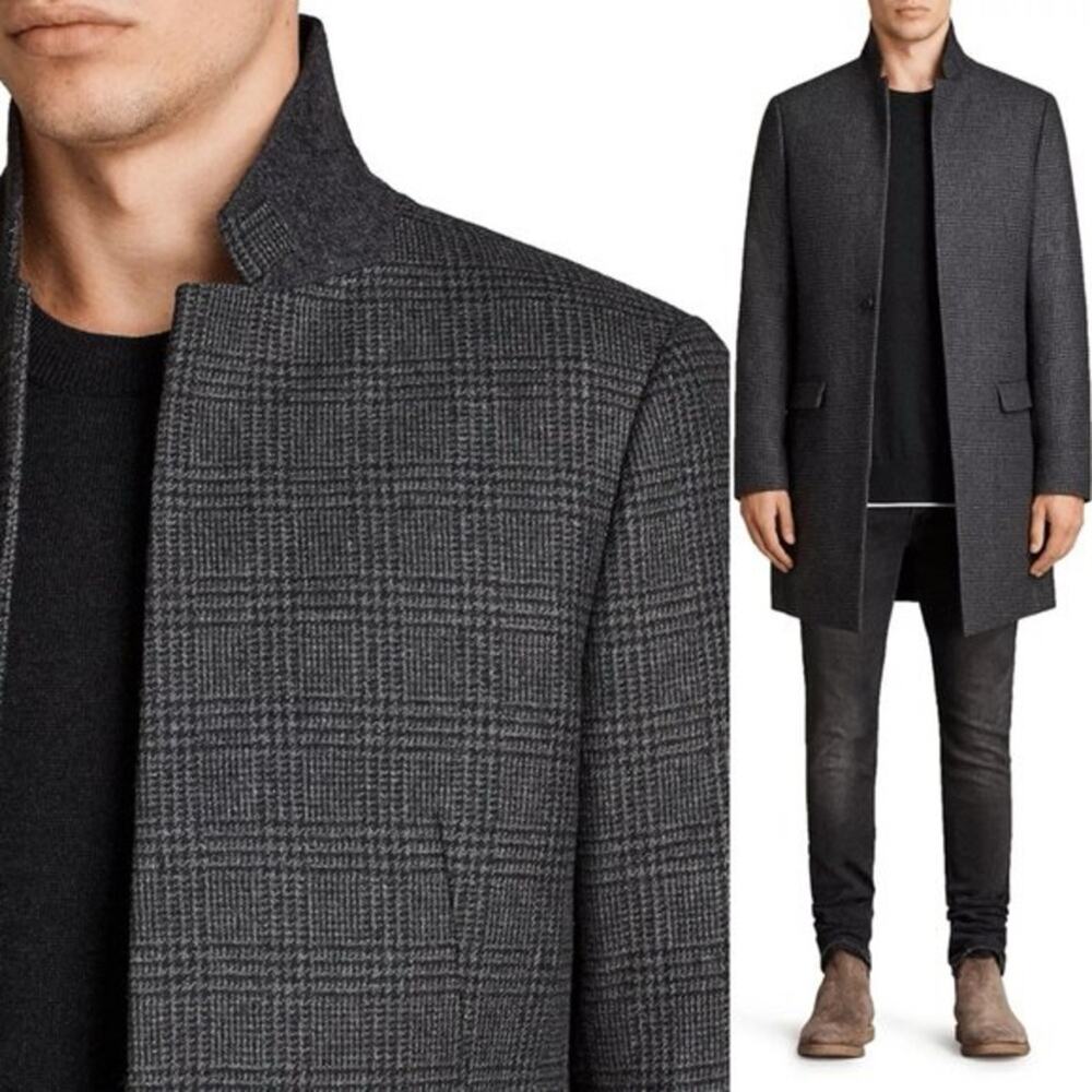 ALLSAINTS Dark l Plaid Spyro Coat Charcoal Gray- Thirty Four